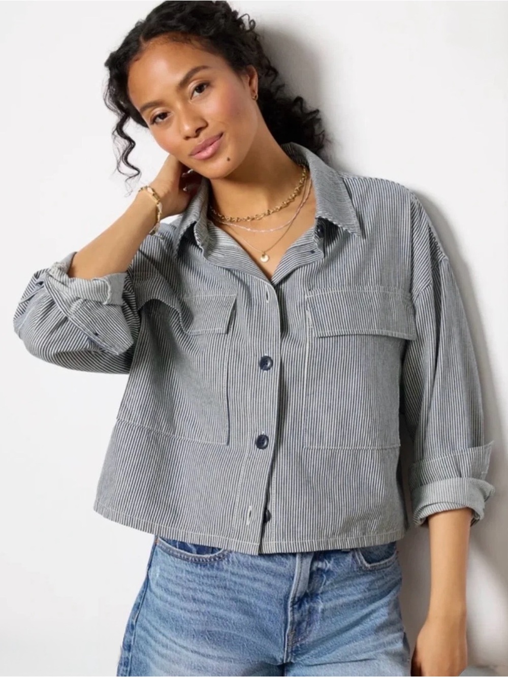 Sanctuary Night Owl Shacket Pinstripe Crop Jacket 100% Cotton Size Medium NWOT